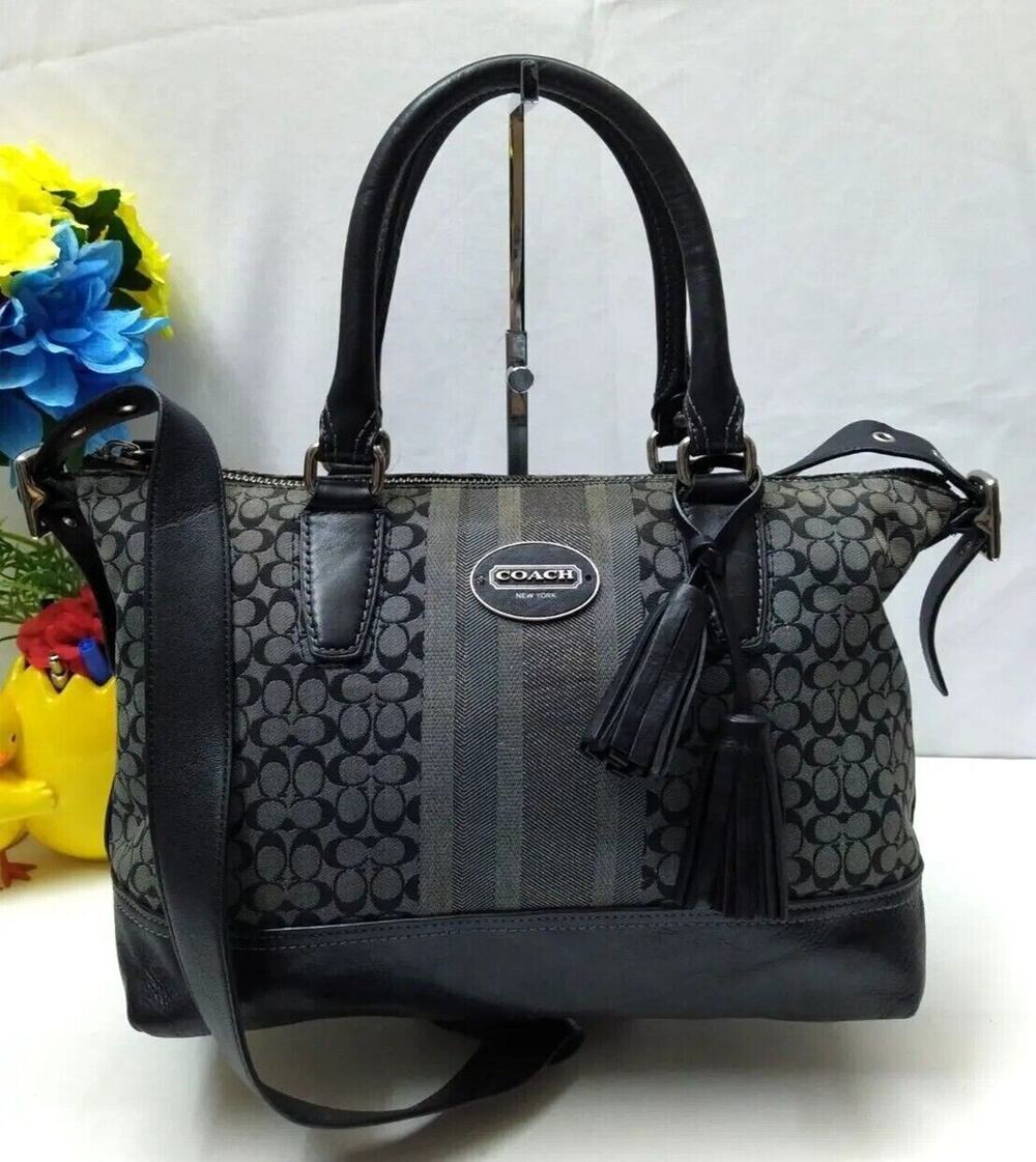 Coach Molly Signature Black Canvas Stripes Top Handles Zipper Satchel Bag